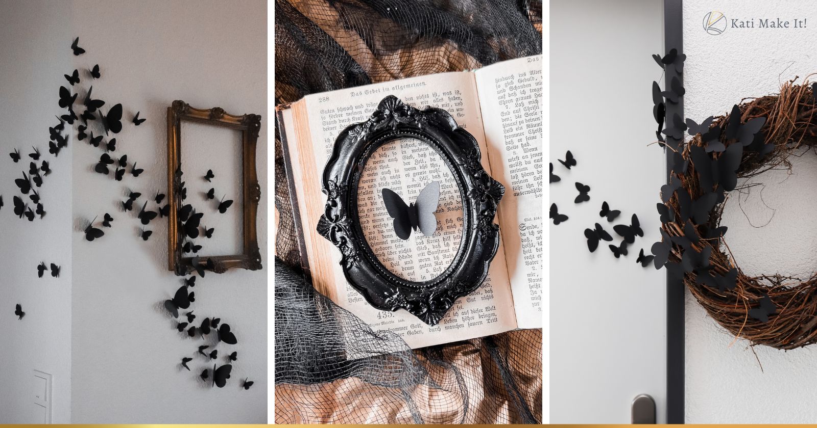 Halloween Deko basteln: 3+1 luxuriöse, aber günstige DIY Ideen für deine Halloween Deko. Halloween Kürbisse, Tür-Kranz, Wanddeko und Tischdeko mit schaurig schönen Schmetterlingen