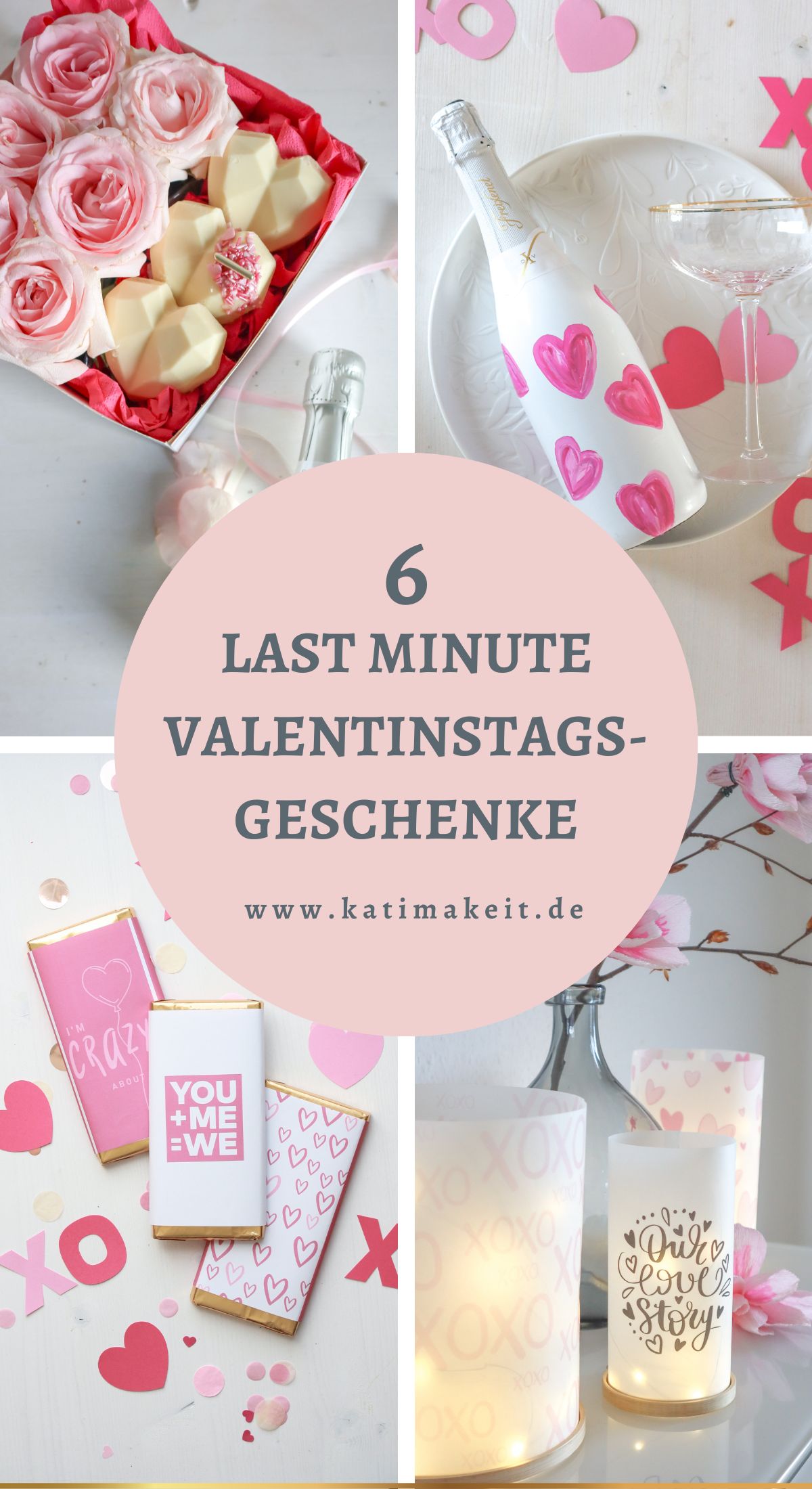 Auf der Suche nach einem Geschenk zum Valentinstag? Hier sind 6 Ideen, wie du noch Last Minute Valentinstagsgeschenke für Sie & Ihn selber machen kannst (auch perfekt zum Jahrestag). | Geschenkbox mit Herzschokolade, Sektflaschen verzieren, Fotohalter aus Holz, Windlichter "Love Edition", Schokoladen-Banderolen, Duftkerzen selber machen