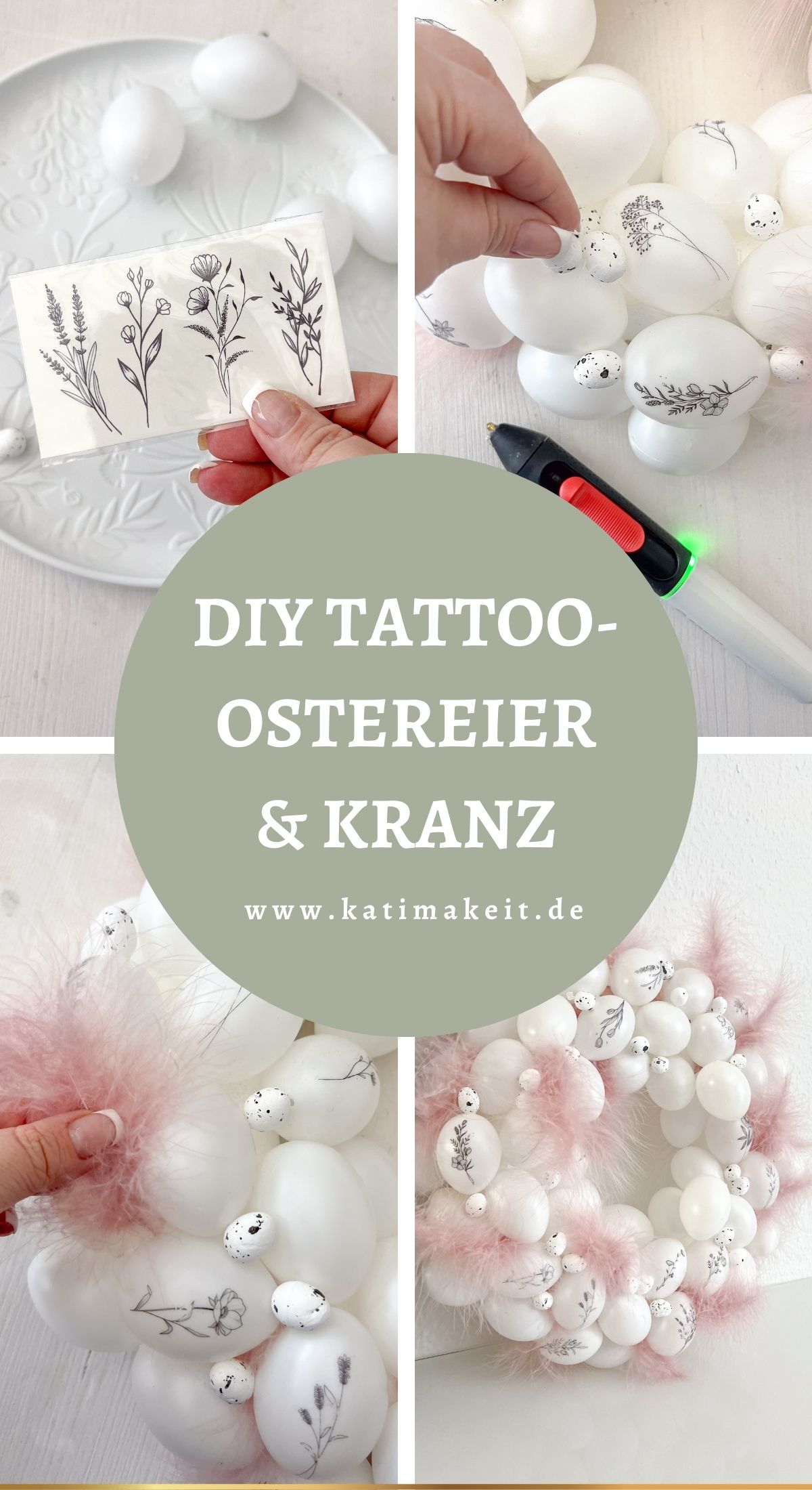 Ostereier dekorieren war nie so einfach! Verwandle Ostereier mit Tattoos in kleine Kunstwerke. Hier findest du die kinderleichte DIY Anleitung inkl. Osterkranz Bastelidee.