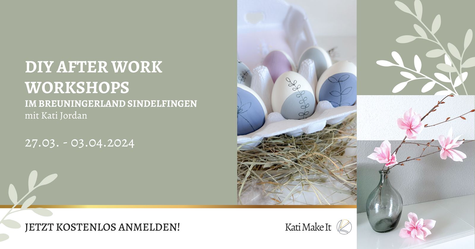 Nach der Arbeit gemeinsam basteln und entspannen im Breuningerland Sindelfingen: Kostenlose DIY-Workshops mit Kati Make It am 27.03. & 03.04.2024! Komm vorbei und lass dich inspirieren. Ostereier bemalen im Line Art Stil und Magnolienblüten basteln aus Krepppapier