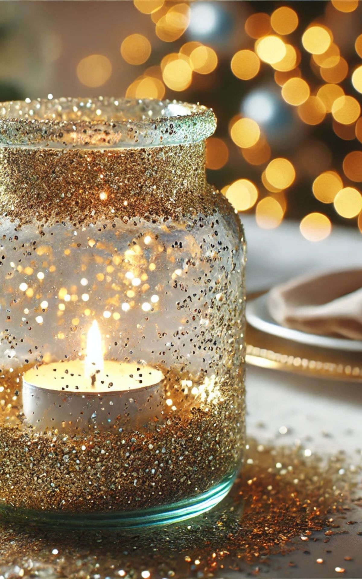 Bringe Glanz in deine Silvester-Deko! Bastle funkelnde Glitzer-Windlichter aus Altglas für eine festliche Atmosphäre und unvergessliche Momente. | Glitzer-Windlichter aus Glas basteln - Perfekt für die Silvester-Deko