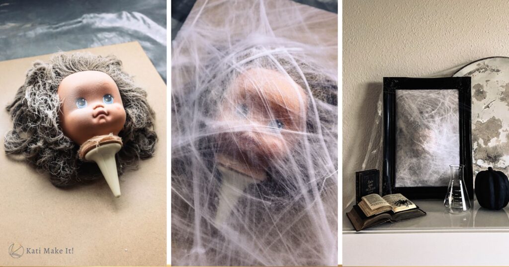 Halloween Idee mit Schockeffekt: DIY Geisterbild als gruselige Deko mit Puppe, Spinnweben & Bilderrahmen in 3D-Optik