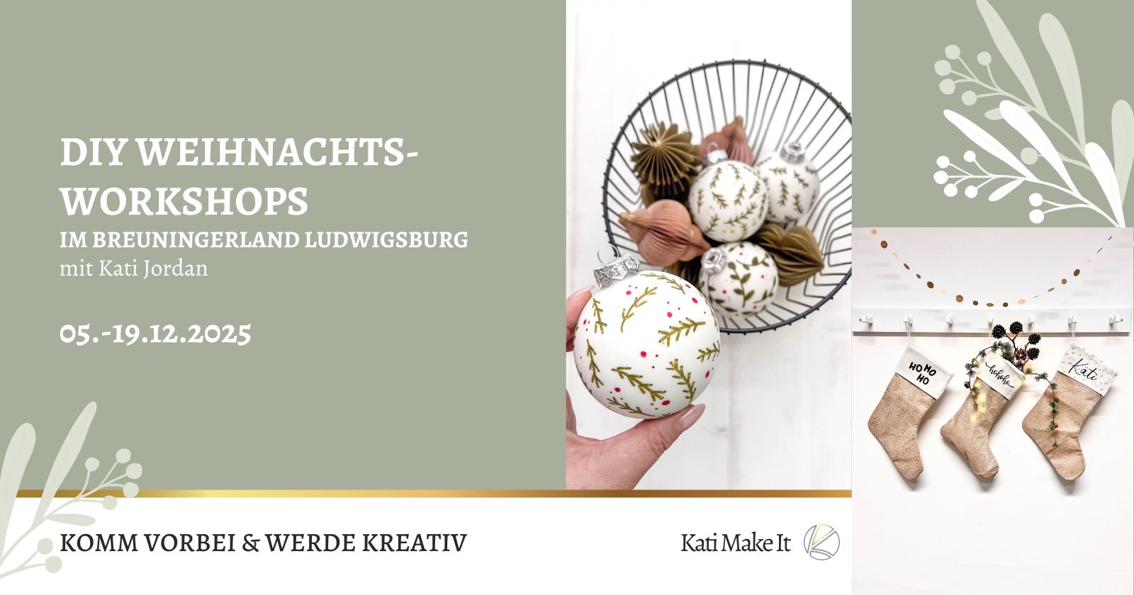 Erlebe festliche Kreativität im Breuningerland Ludwigsburg: Kostenlose DIY-Workshops mit Kati Make It 05. - 19.12.2025! Komm vorbei und lass dich inspirieren. Wir basteln: Nikolausstiefel und bemalen Weihnachtskugeln aus Glas. 