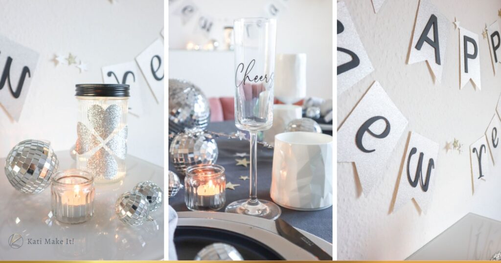 Jetzt kannst du Silvester-Sterne direkt passgenau auf die freien Flächen ziehen und ausschneiden lassen. So nutzt du dein Material optimal, vermeidest Verschwendung und hast gleichzeitig hübsche Extras: Die Sterne kannst du später als Streudeko, zusätzliche Girlande oder als Akzente auf die Wimpeln einsetzen. Nachhaltig, effizient und kreativ – genau so macht Basteln für Silvester richtig Spaß. Basteln für Silvester: Funkelnde DIY Ideen für Girlanden und Tischdeko zu Silvester | Kati Make It!