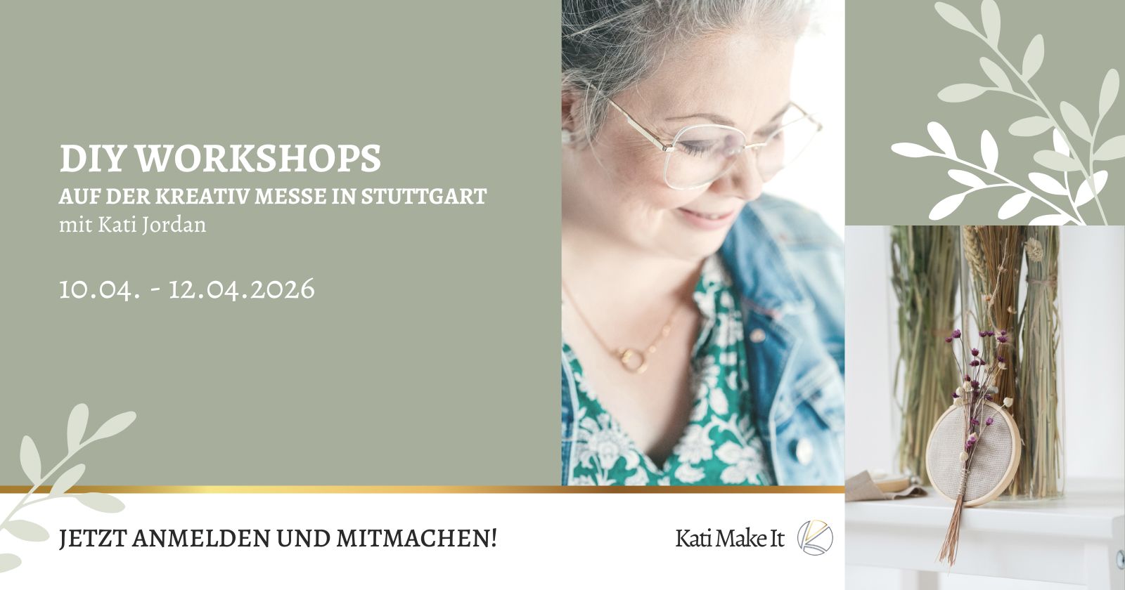 DIY Workshops auf der KREATIV Messe in Stuttgart - 05./06.04.2024 Besuche meine DIY Workshops auf der KREATIV Messe Stuttgart 2026: Glas gravieren, Sticken mit Trockenblumen und Täschchen gestalten. Jetzt Platz sichern und kreative Zeit in Stuttgart erleben.und lass uns gemeinsam kreativ werden.